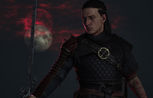 Coen in armor with a red moon behind him