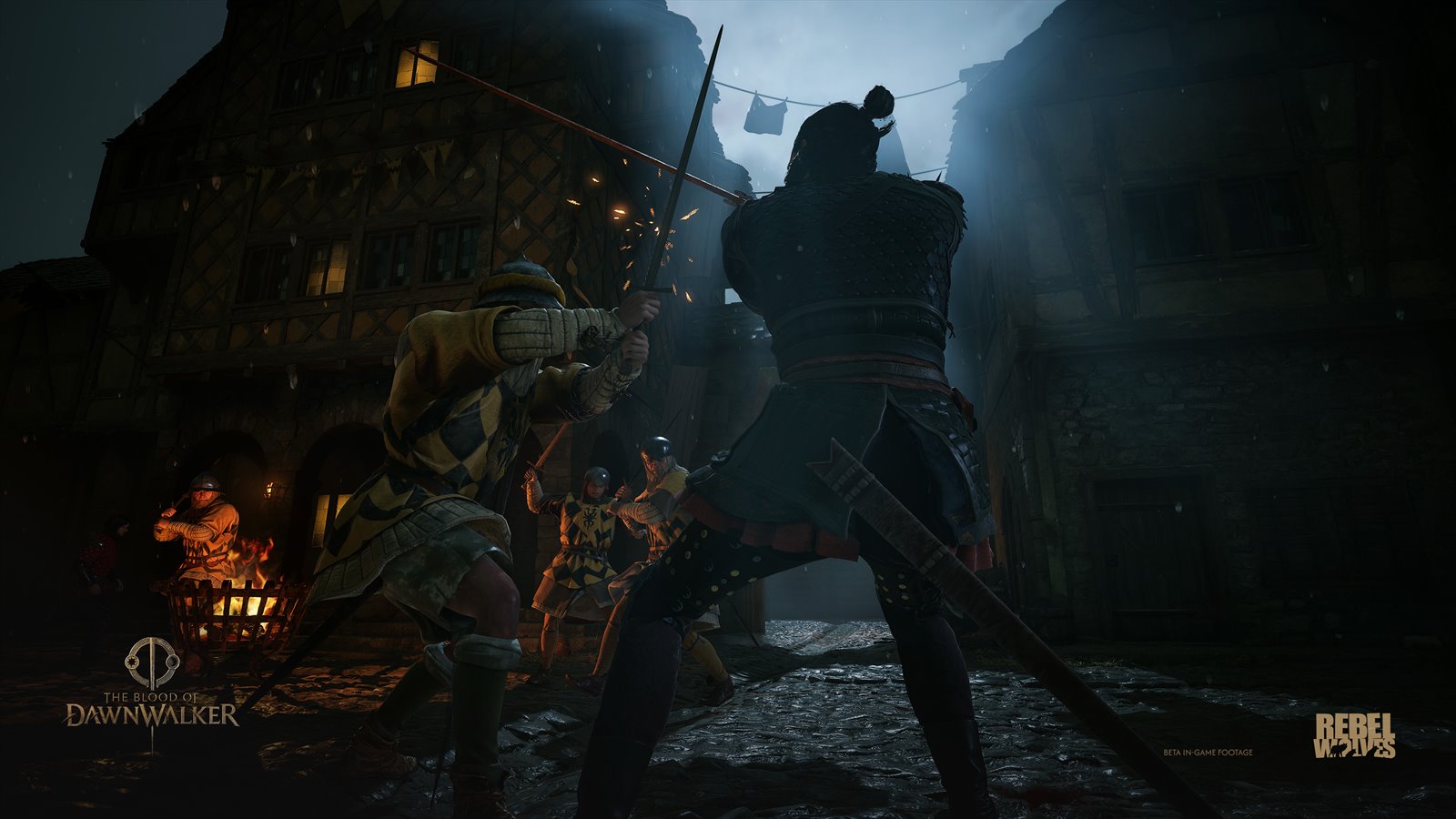 Coen blocking a guard's sword during directional combat at night