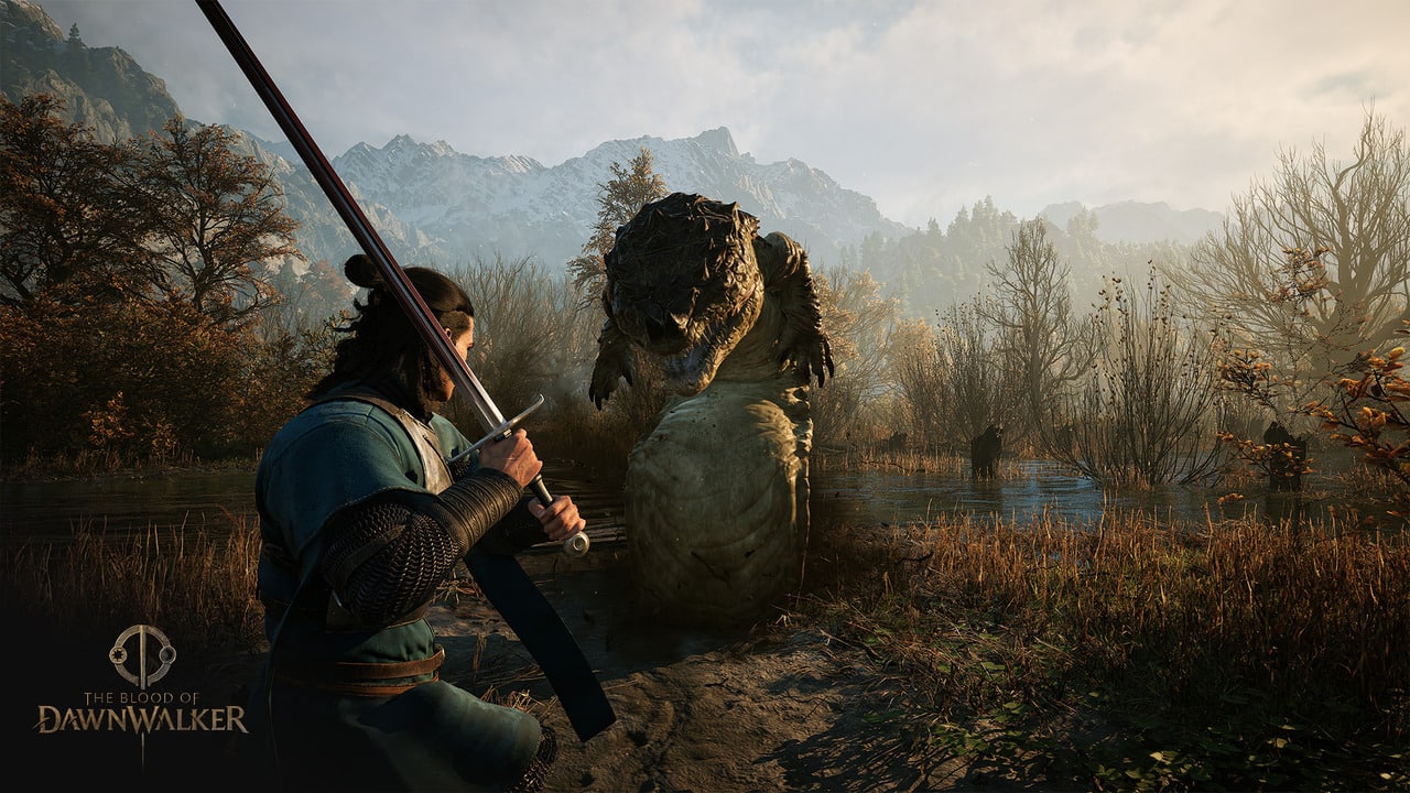Coen holding a sword before a large creature in a sunlit marsh