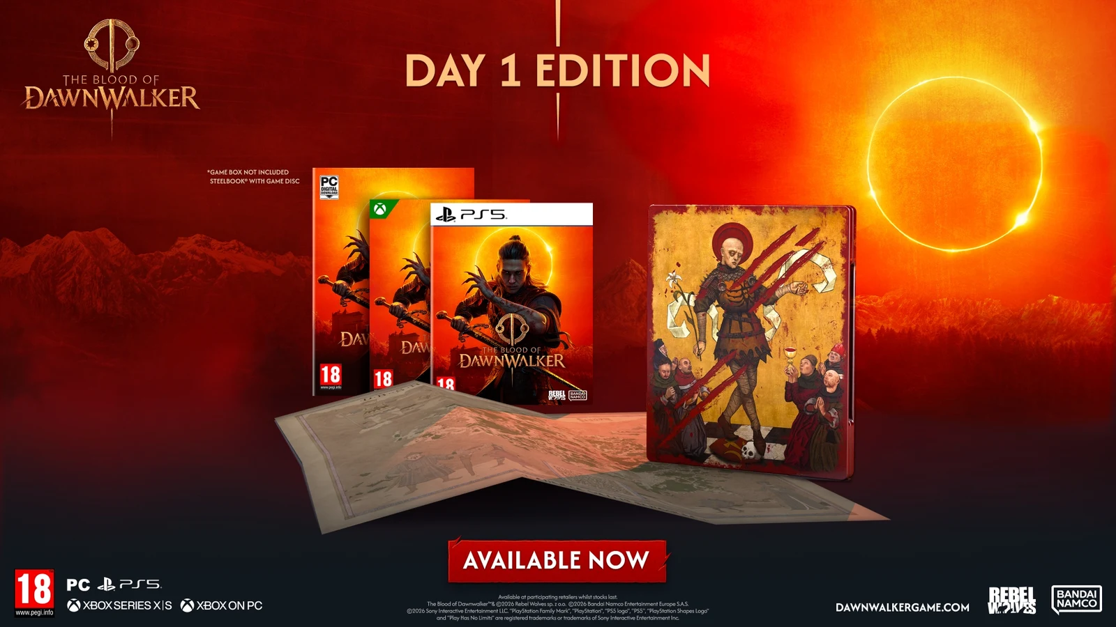Dawnwalker Day 1 Edition game packages, Steelbook, and world map