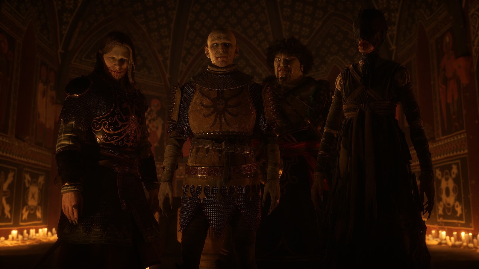 Brencis and other vrakhiri standing together in a candlelit hall