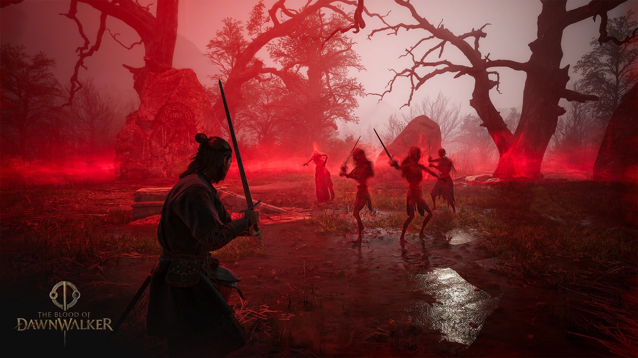 Coen raising a sword against armed figures in a red-lit forest
